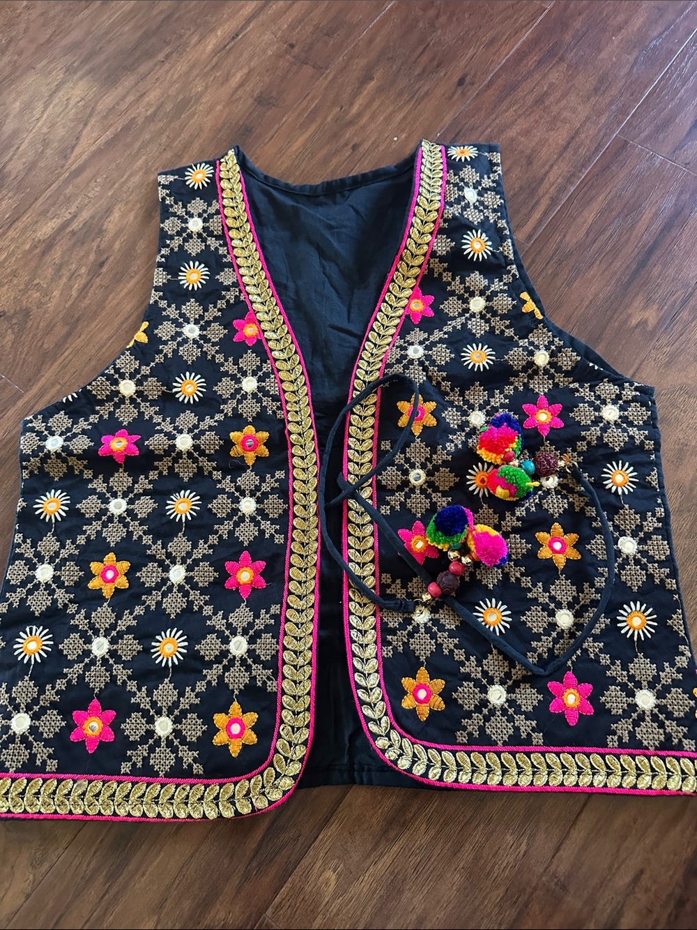 Brand new Embroidered Black Vest with Colorful Floral Accents